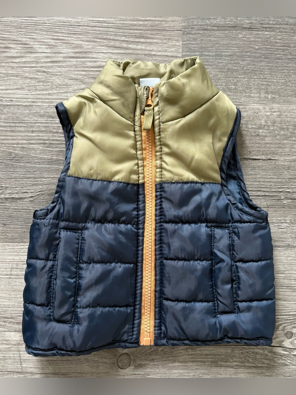 Little Lad Children's Olive & Navy Puffer Vest. Size 12 months